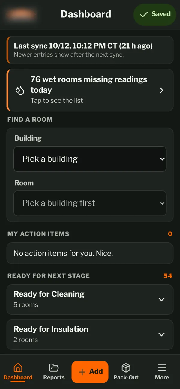 Field app dashboard with rooms ready for the next stage