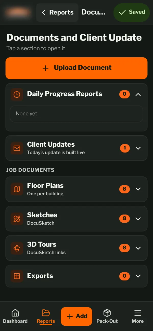 Documents and client update screen with daily reports, floor plans, sketches and 3D tours