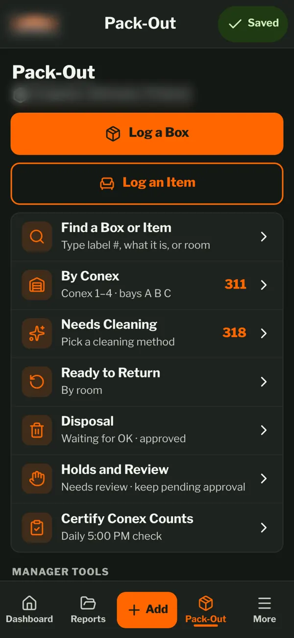 Pack-out screen for logging boxes and items, with conex and cleaning counts