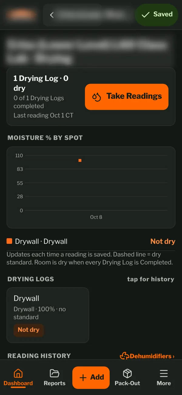 Moisture readings chart for a room with drying log status