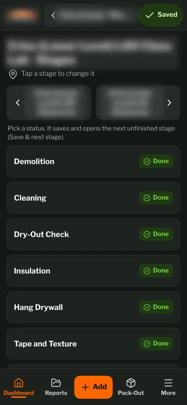Room stage tracker with demolition, cleaning and drywall marked done